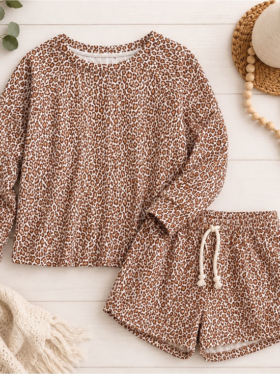 Lou & Grey Other - Lou & Grey Womens Medium Leopard Print Sweatshirt & Shorts 2 Piece Lounge Set